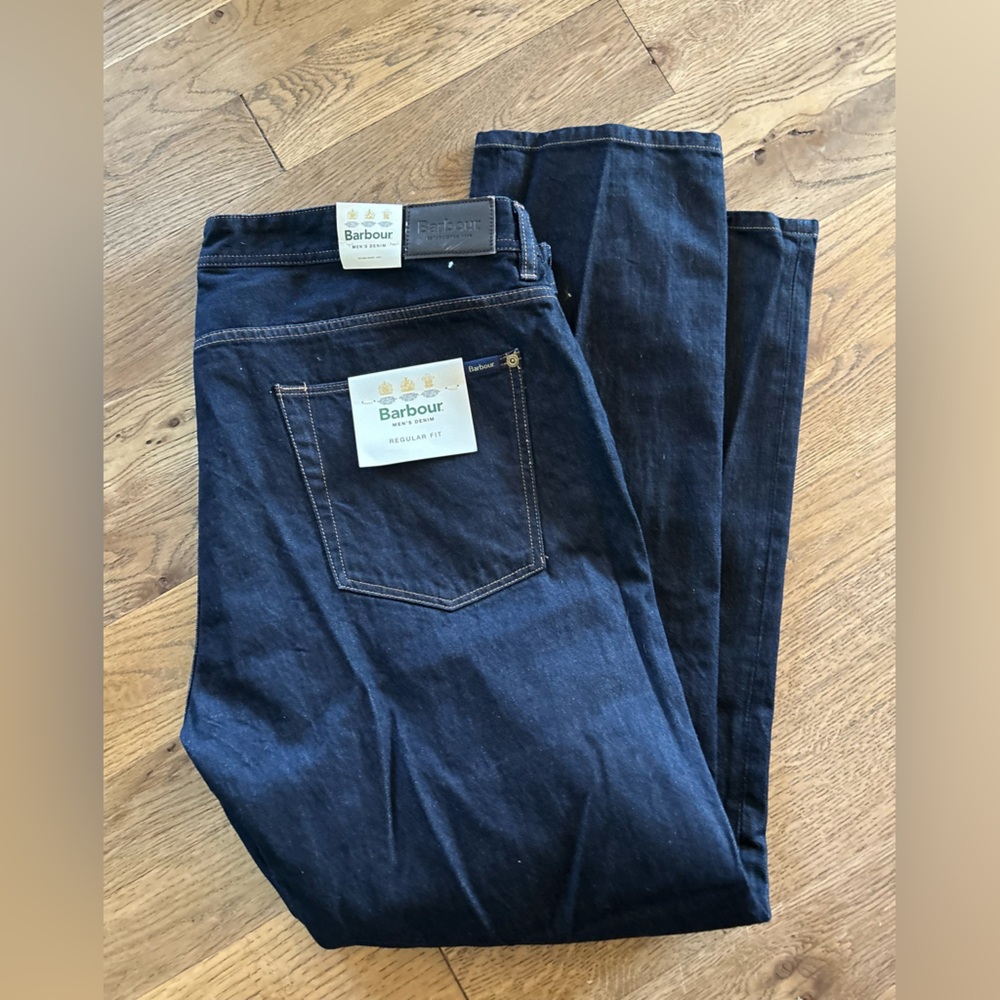 Barbour Stretch Slim Fit Navy Print Cotton Jeans 44x32 new dark